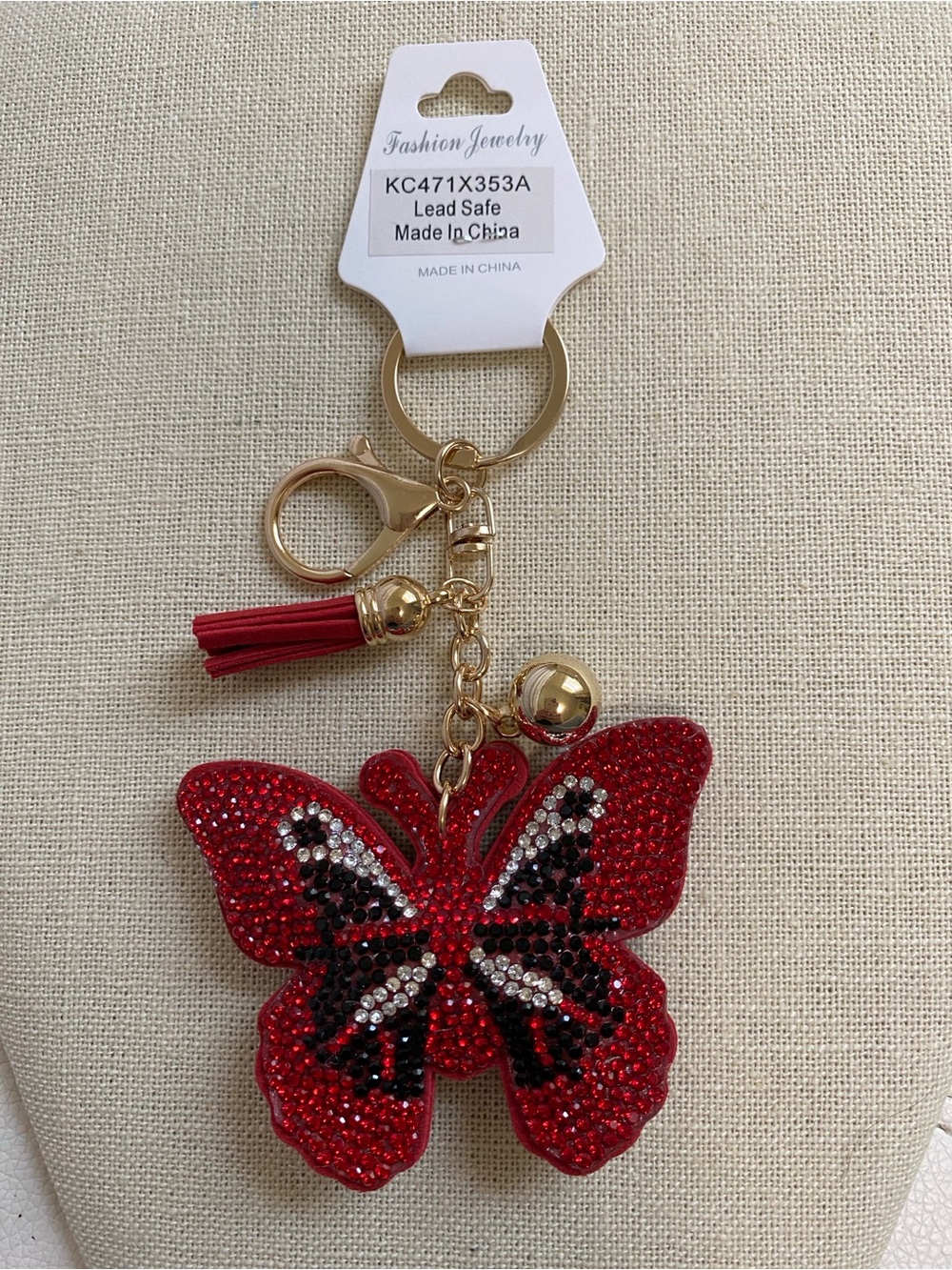 Fashion Jewelry Red Crystal Butterfly Key & Card Holder Charm with Gold Hardware